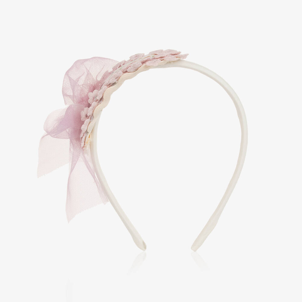 Abuela Tata- Girls Ivory & Pink Floral Hairband with Tulle Bow | Childrensalon Outlet