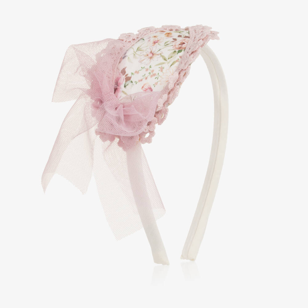 Abuela Tata- Girls Ivory & Pink Floral Hairband with Tulle Bow | Childrensalon Outlet