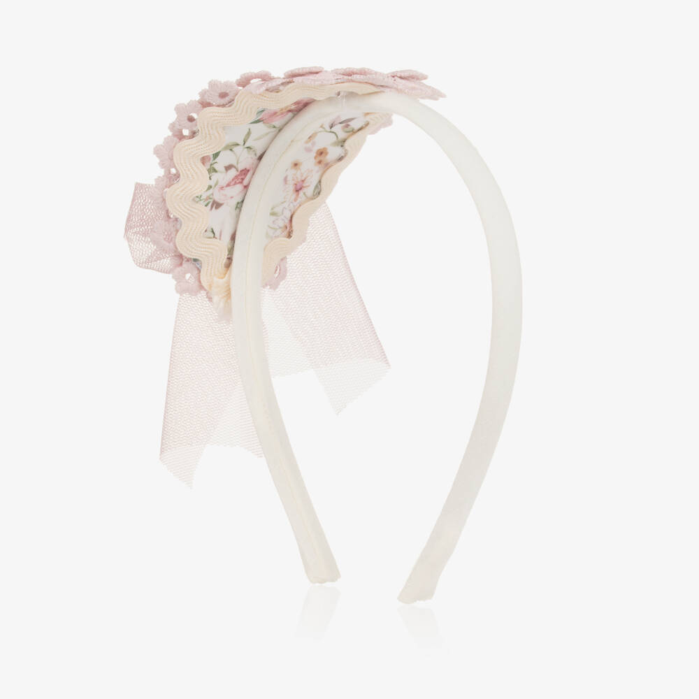 Abuela Tata- Girls Ivory & Pink Floral Hairband with Tulle Bow | Childrensalon Outlet