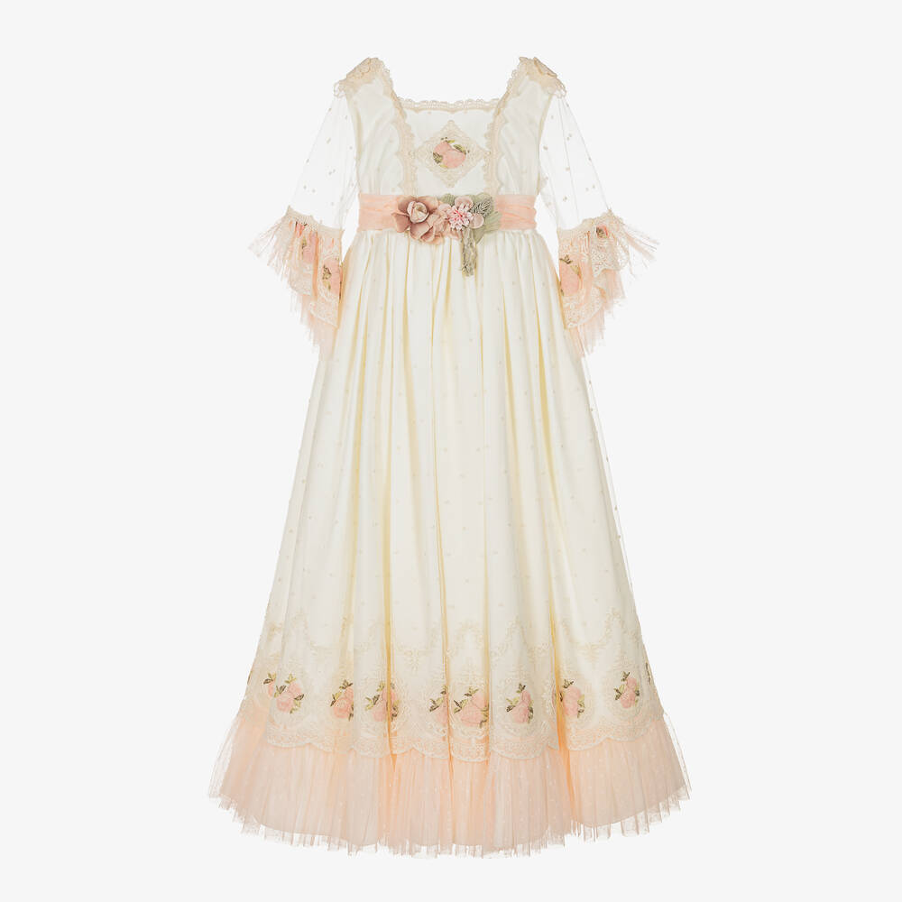 Abuela Tata-Girls Ivory & Pink Floral Tulle Dress | Childrensalon Outlet
