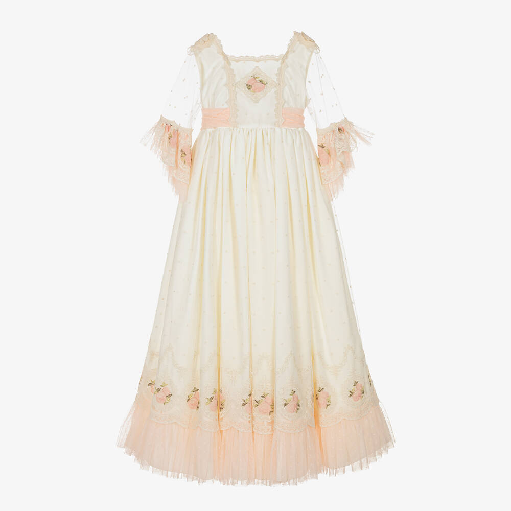 Abuela Tata-Кремово-розовое платье из тюля с цветами для девочек | Childrensalon Outlet