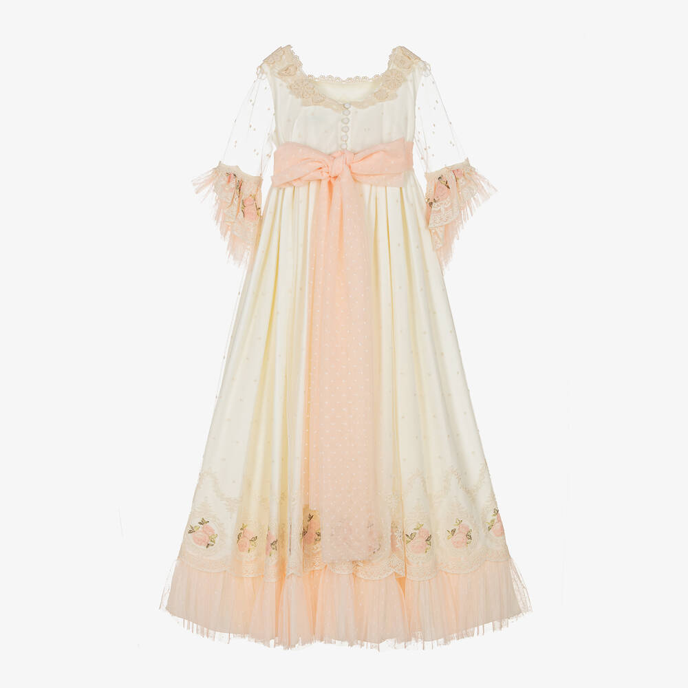 Abuela Tata-Кремово-розовое платье из тюля с цветами для девочек | Childrensalon Outlet