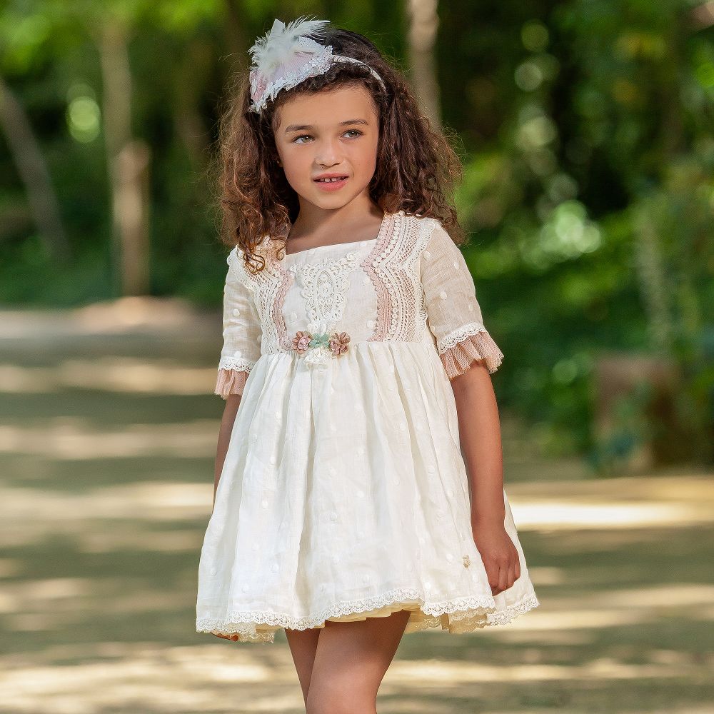 Abuela Tata - Girls Ivory & Pink Linen Dress | Childrensalon Outlet
