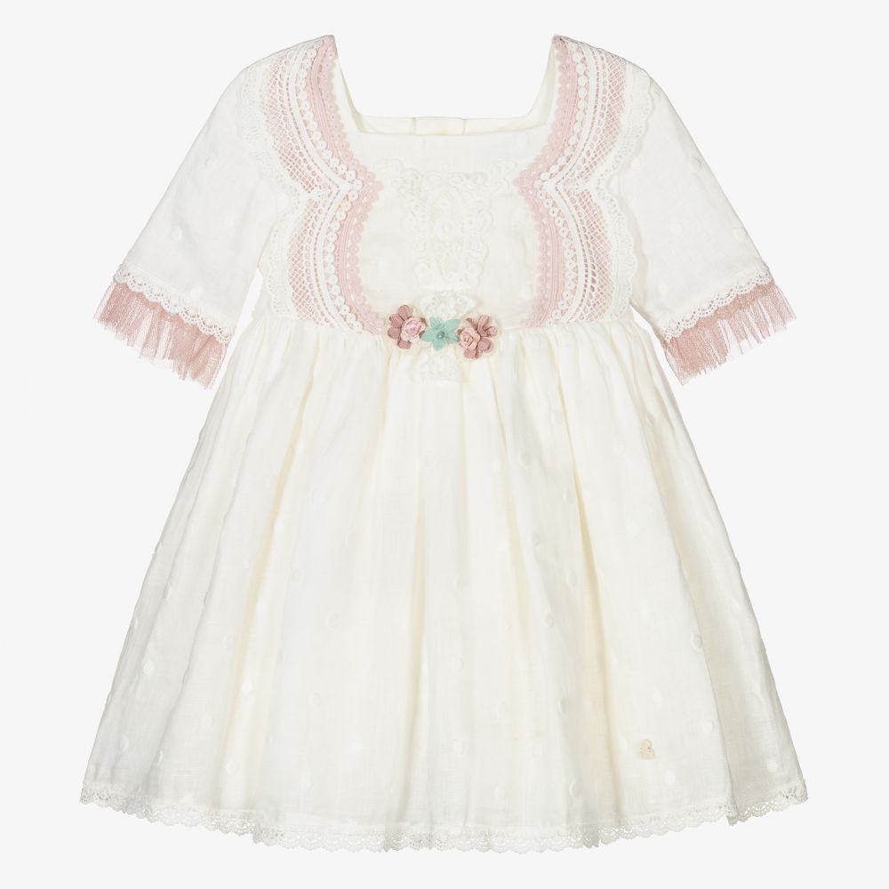 Abuela Tata - Girls Ivory & Pink Linen Dress | Childrensalon