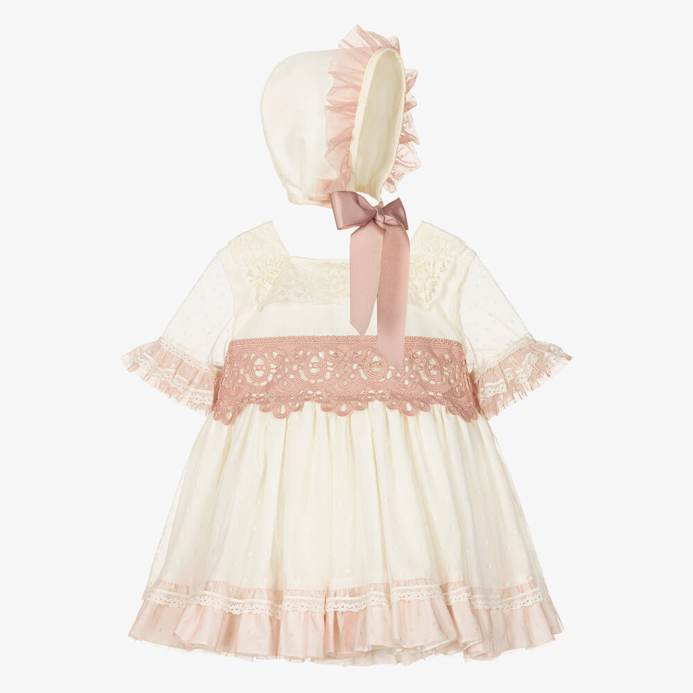 Abuela Tata - Кремово-розовое платье и чепчик из тюля  | Childrensalon