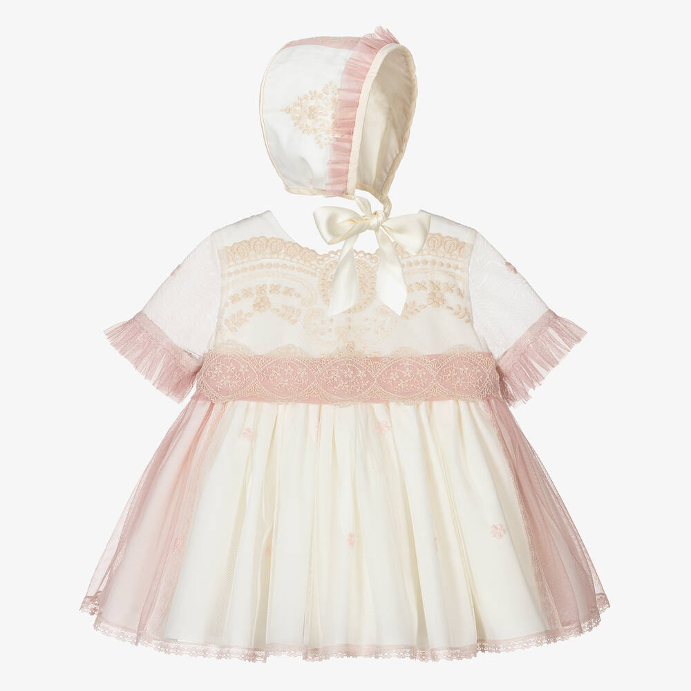 Abuela Tata - Кремово-розовое платье и чепчик из тюля  | Childrensalon