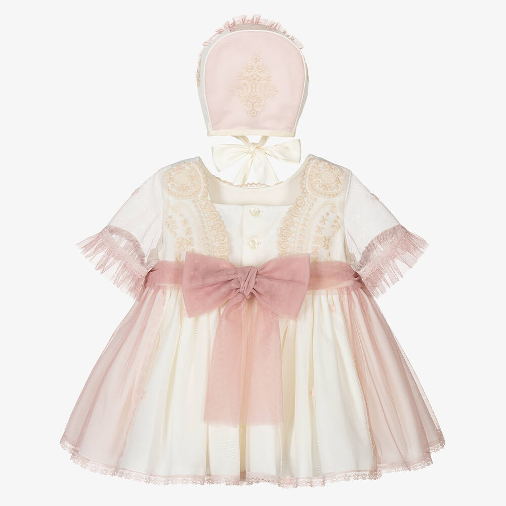 Abuela Tata-Кремово-розовое платье и чепчик из тюля | Childrensalon Outlet