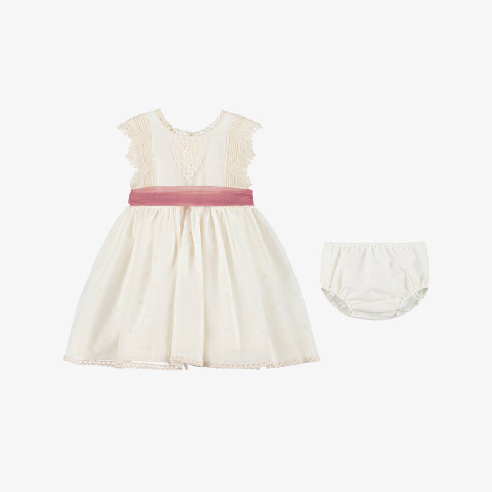 Abuela Tata-Girls Ivory & Pink Tulle Dress Set with Lace Detailing | Childrensalon Outlet