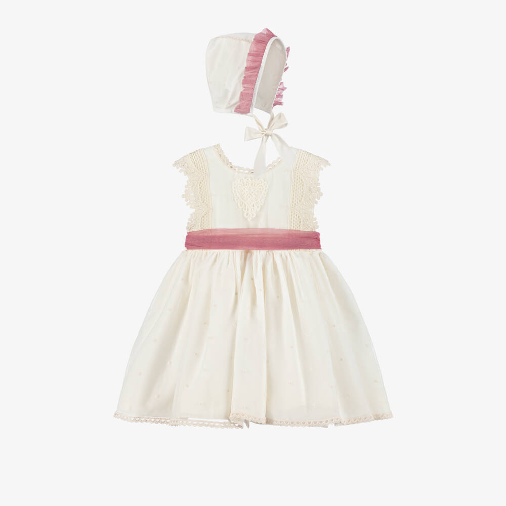 Abuela Tata-Girls Ivory & Pink Tulle Dress Set with Lace Detailing | Childrensalon Outlet
