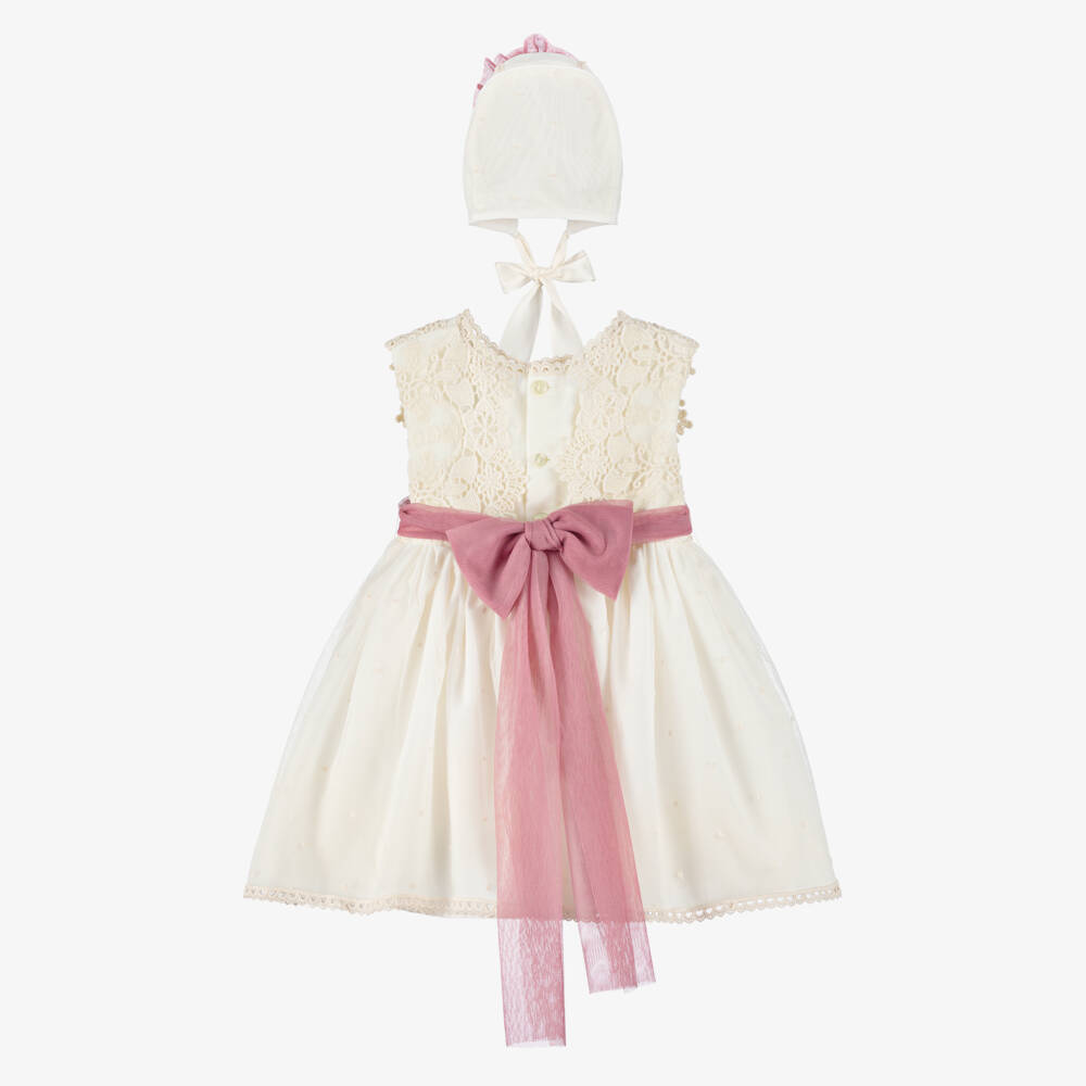 Abuela Tata-Girls Ivory & Pink Tulle Dress Set with Lace Detailing | Childrensalon Outlet
