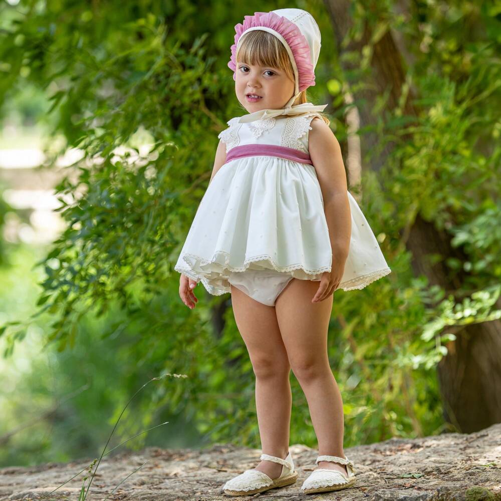 Abuela Tata-Girls Ivory & Pink Tulle Dress Set with Lace Detailing | Childrensalon Outlet