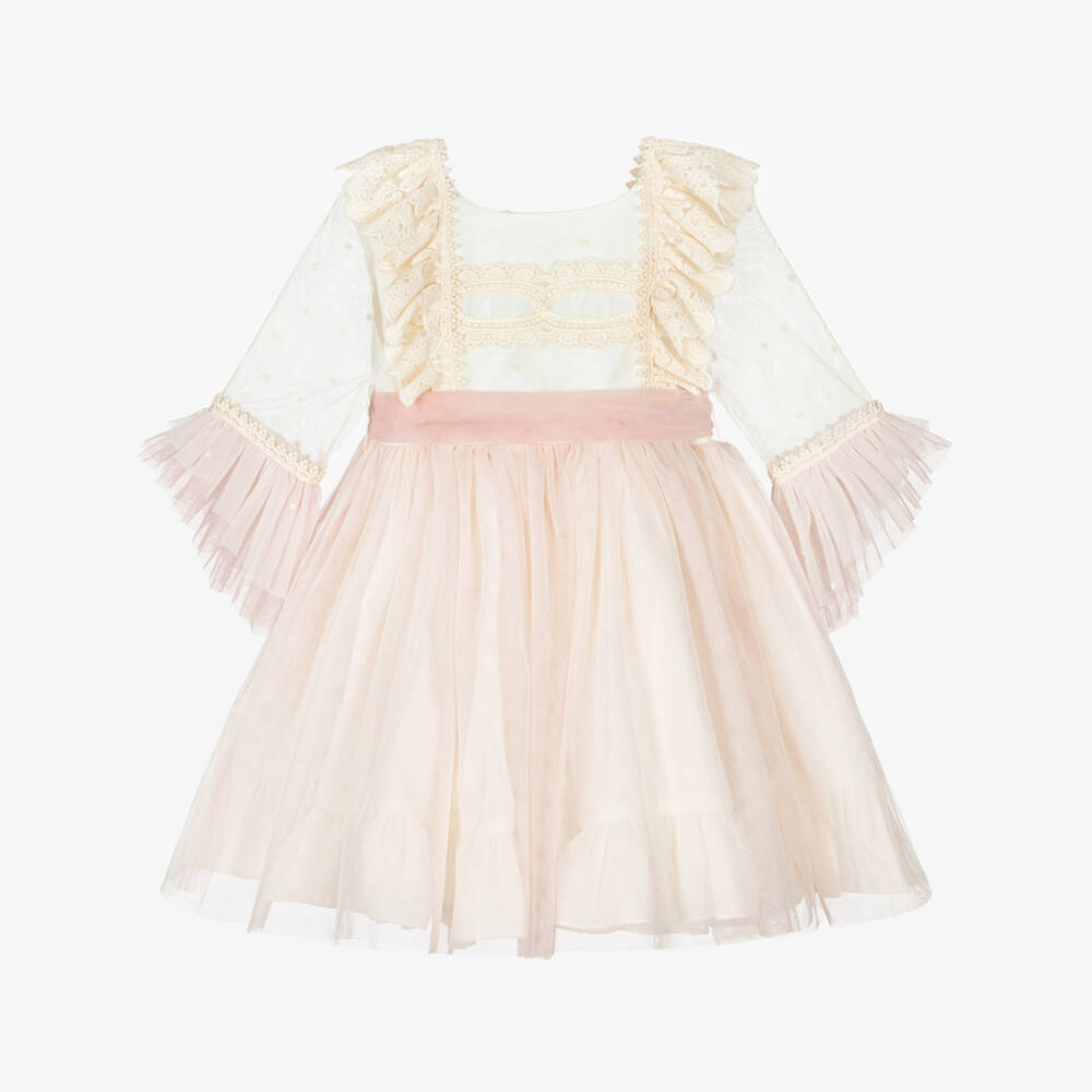 Abuela Tata-Girls Ivory & Pink Tulle Dress with Embroidered Detail | Childrensalon Outlet