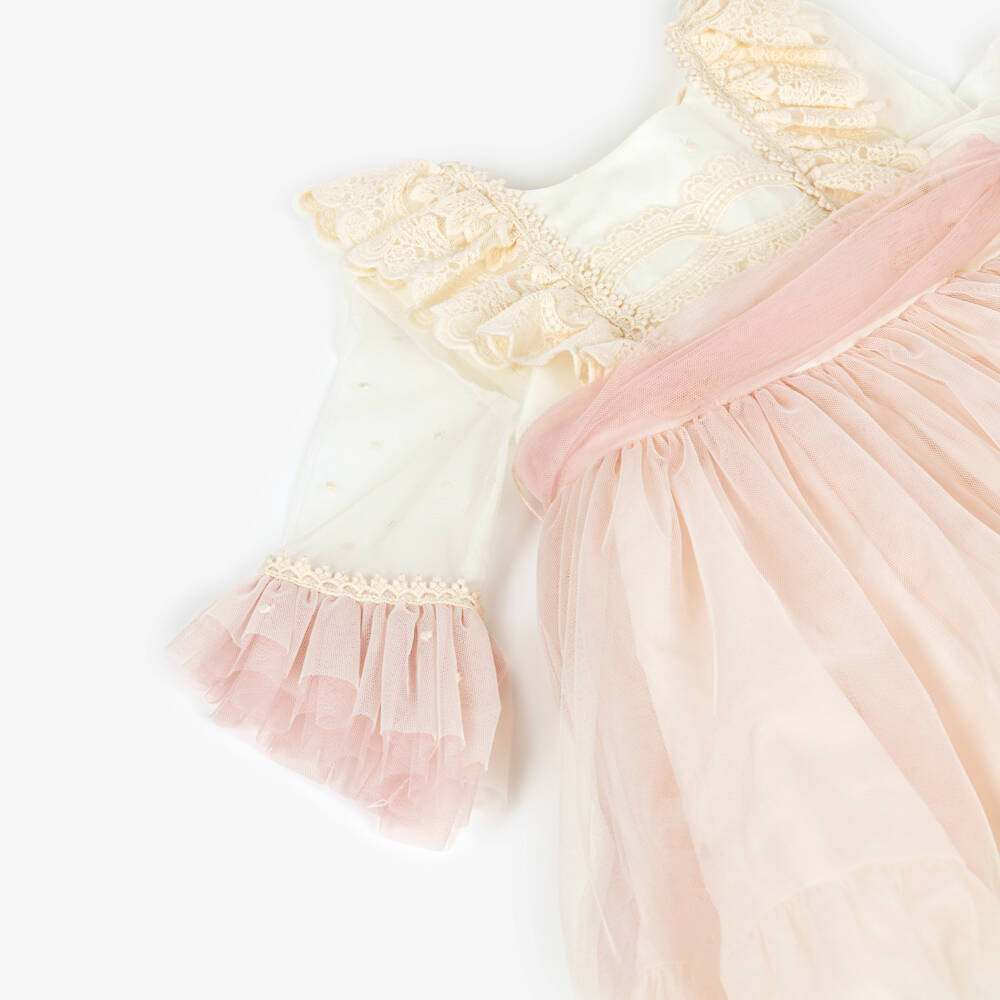 Abuela Tata-Girls Ivory & Pink Tulle Dress with Embroidered Detail | Childrensalon Outlet