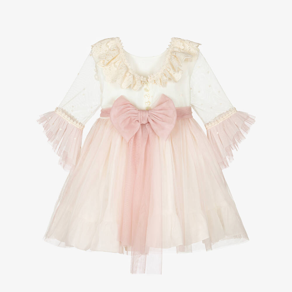 Abuela Tata-Girls Ivory & Pink Tulle Dress with Embroidered Detail | Childrensalon Outlet