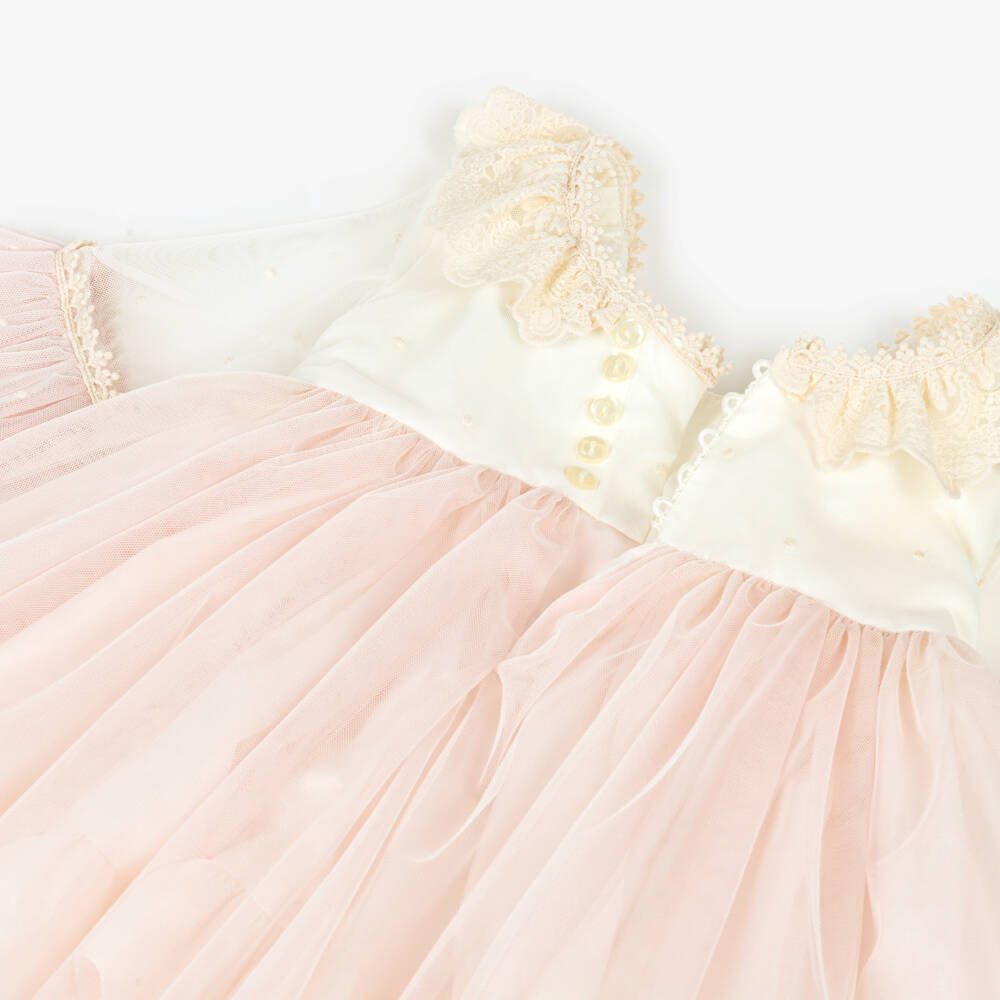 Abuela Tata-Girls Ivory & Pink Tulle Dress with Embroidered Detail | Childrensalon Outlet