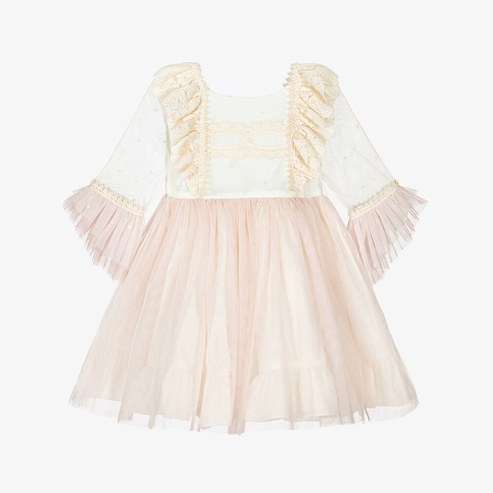 Abuela Tata-Girls Ivory & Pink Tulle Dress with Embroidered Detail | Childrensalon Outlet