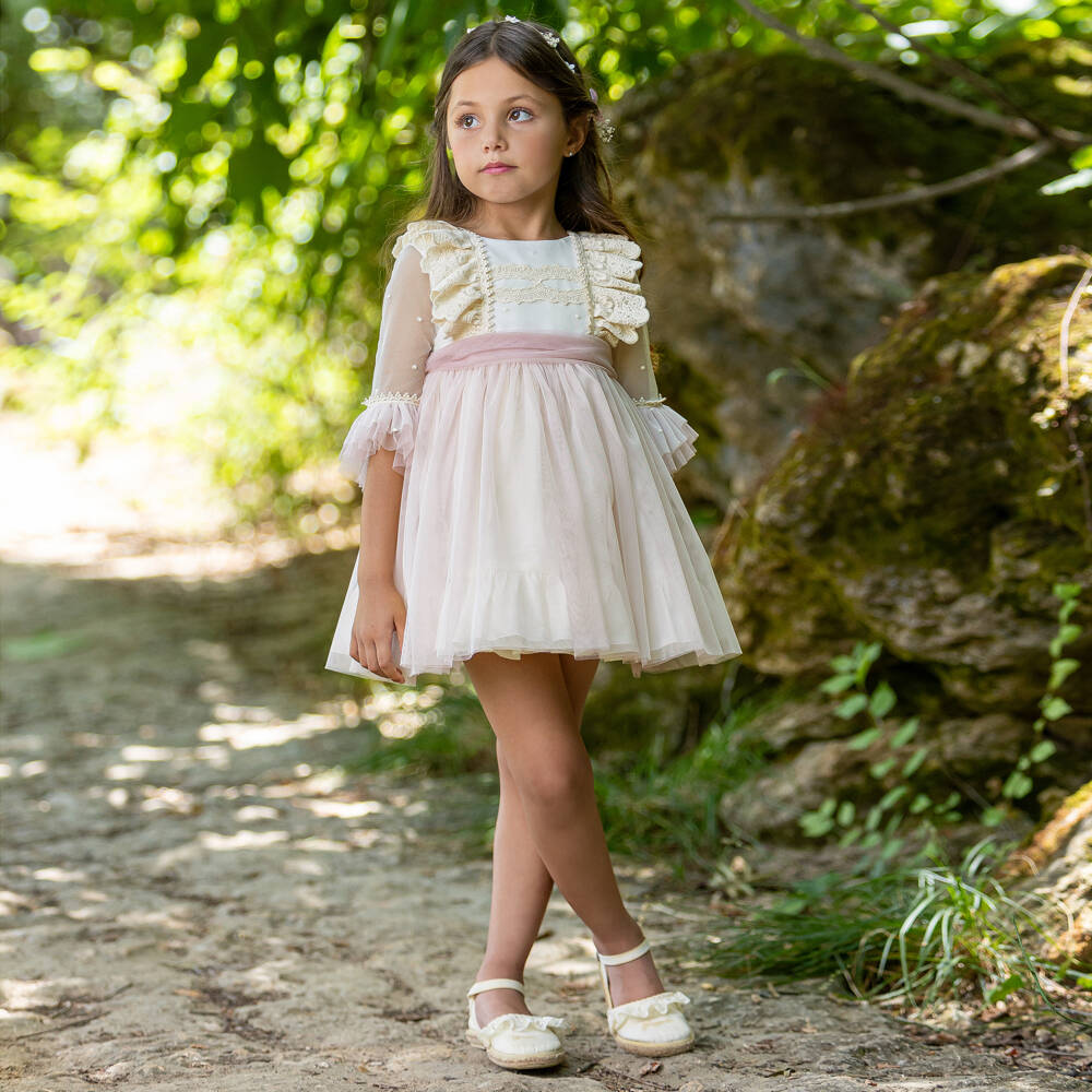 Abuela Tata-Girls Ivory & Pink Tulle Dress with Embroidered Detail | Childrensalon Outlet