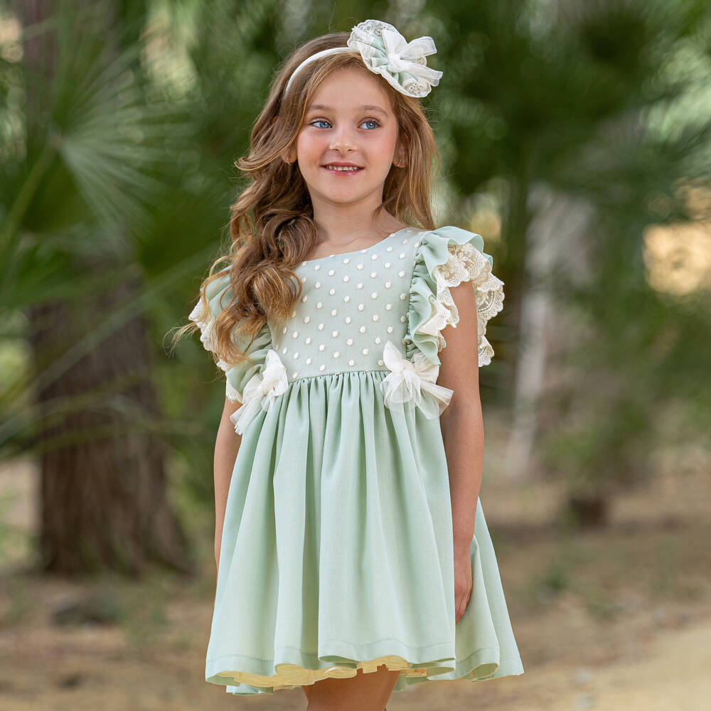 Abuela Tata-Girls Mint Flutter & Ribbon Dress | Childrensalon Outlet