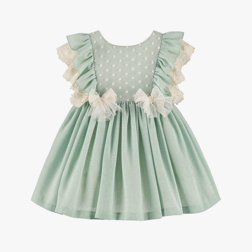 Abuela Tata-Girls Mint Flutter & Ribbon Dress | Childrensalon Outlet