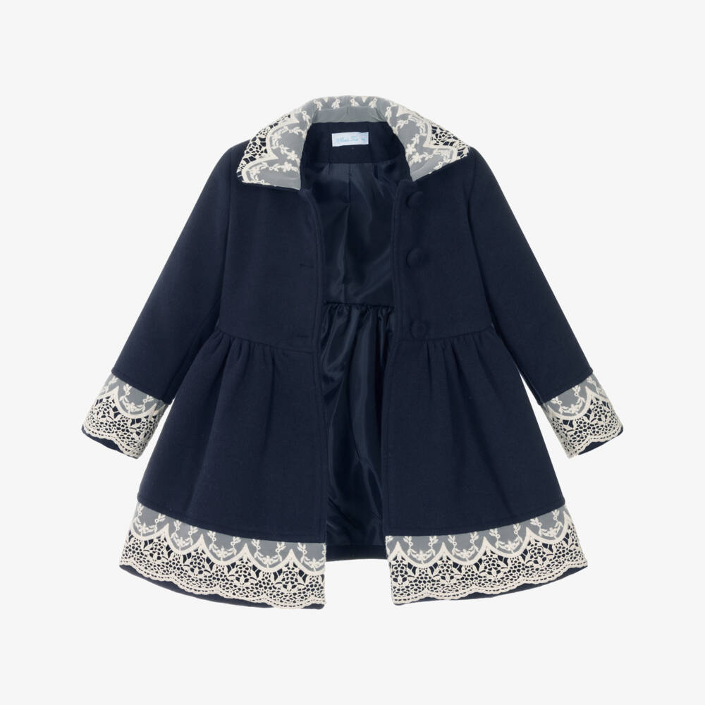 Abuela Tata-Girls Navy Blue Felted Coat with Scalloped Ivory Lace Trims | Childrensalon Outlet