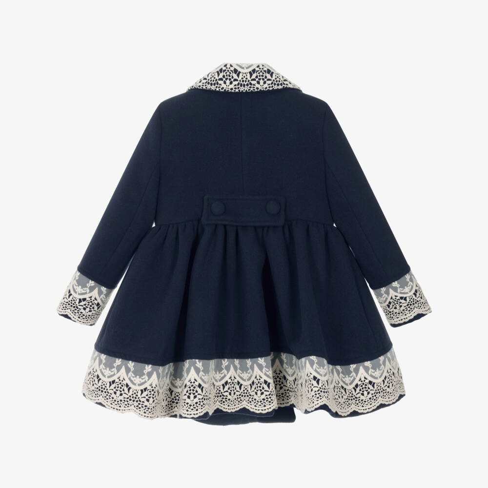 Abuela Tata-Girls Navy Blue Felted Coat with Scalloped Ivory Lace Trims | Childrensalon Outlet