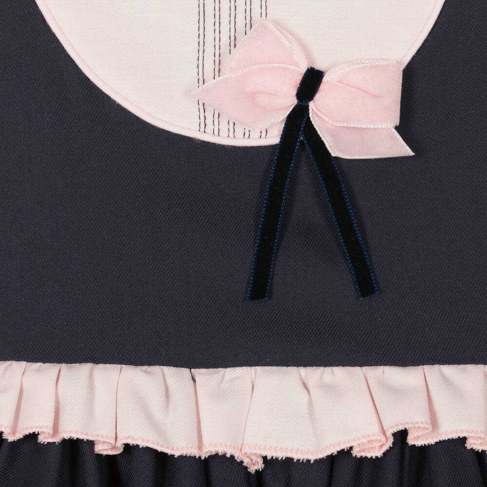 Abuela Tata-فستان قطن تويل مزين بكشكش لون كحلي وزهري | Childrensalon Outlet