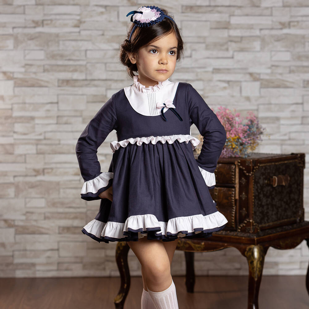 Abuela Tata-فستان قطن تويل مزين بكشكش لون كحلي وزهري | Childrensalon Outlet