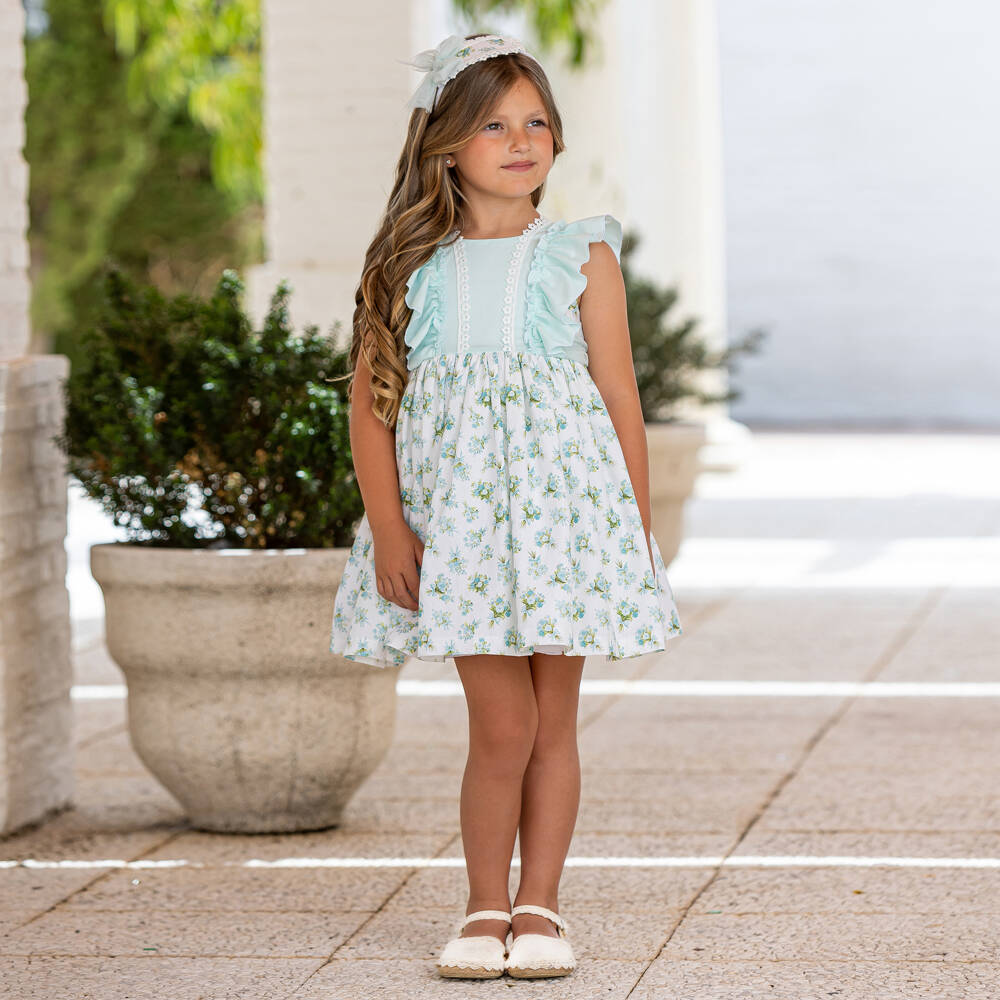 Abuela Tata-Girls Pale Turquoise Floral Print Dress | Childrensalon Outlet