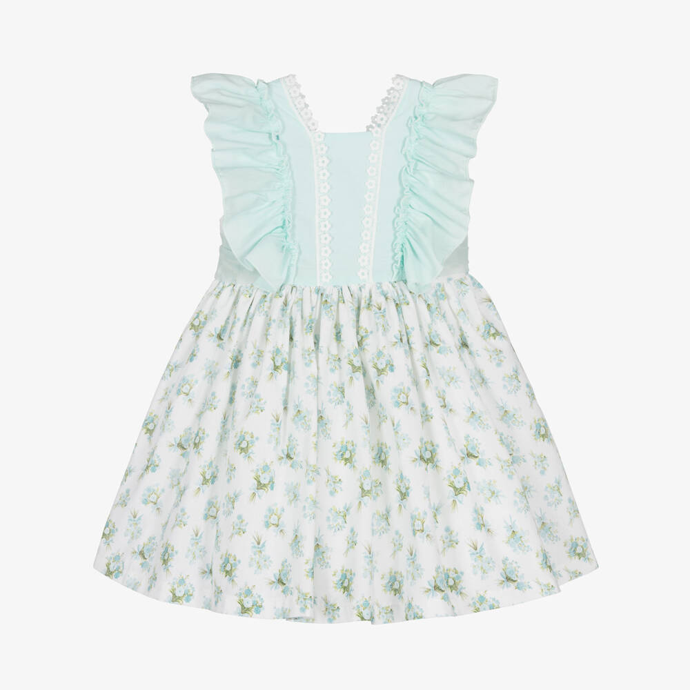 Abuela Tata-Girls Pale Turquoise Floral Print Dress | Childrensalon Outlet
