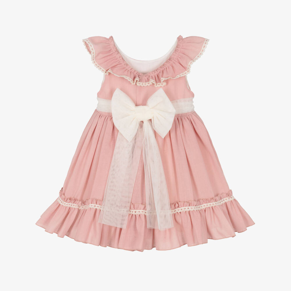 Abuela Tata-Girls Pink Cotton Dress with Ivory Lace & Tulle Trim | Childrensalon Outlet