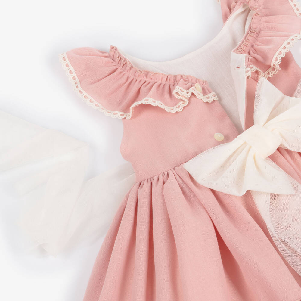Abuela Tata-Girls Pink Cotton Dress with Ivory Lace & Tulle Trim | Childrensalon Outlet