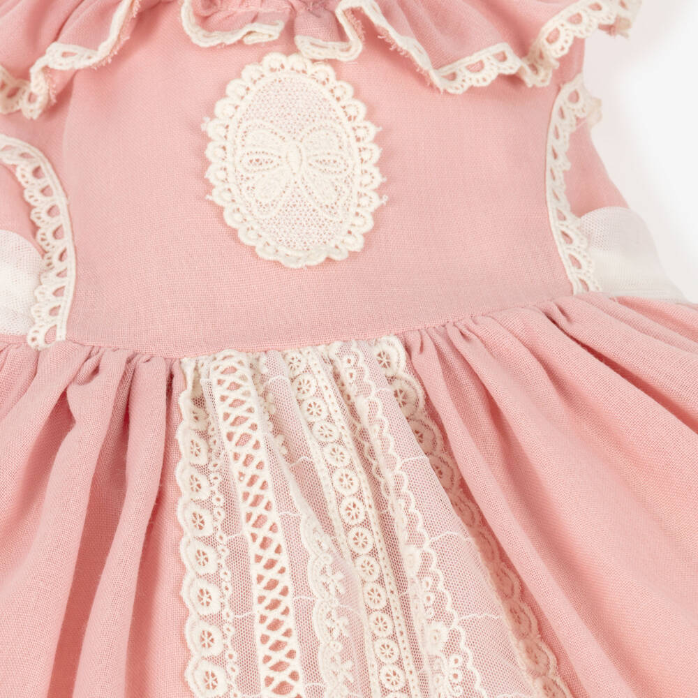 Abuela Tata-Girls Pink Cotton Dress with Ivory Lace & Tulle Trim | Childrensalon Outlet
