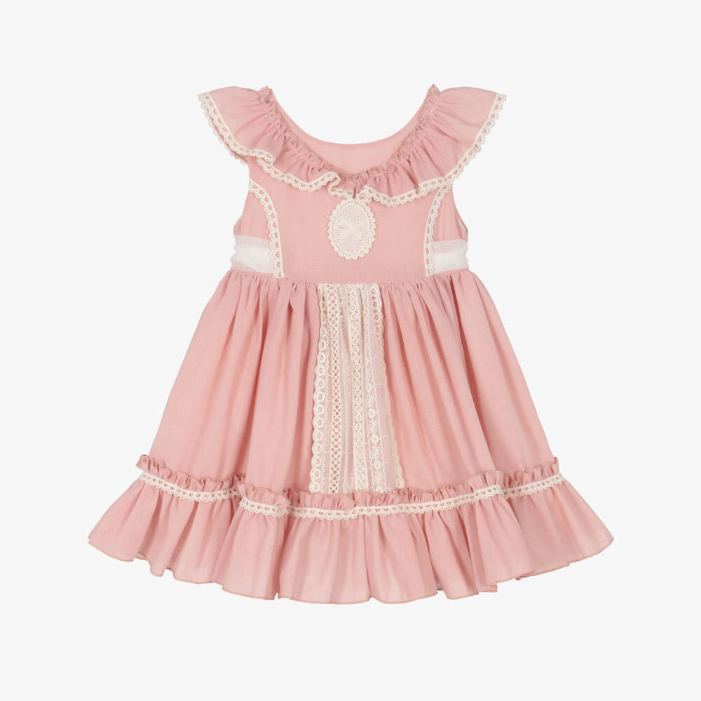 Abuela Tata-Girls Pink Cotton Dress with Ivory Lace & Tulle Trim | Childrensalon Outlet