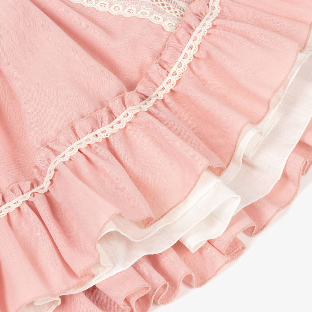 Abuela Tata-Girls Pink Cotton Dress with Ivory Lace & Tulle Trim | Childrensalon Outlet