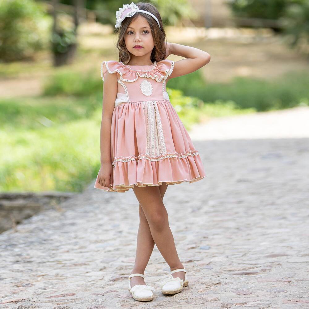 Abuela Tata-Girls Pink Cotton Dress with Ivory Lace & Tulle Trim | Childrensalon Outlet