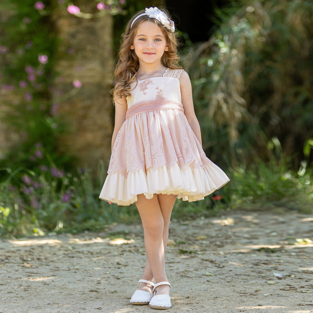 أبويلا تاتا-فستان تول دانتيل وردي وعاجي للبنات | Childrensalon Outlet