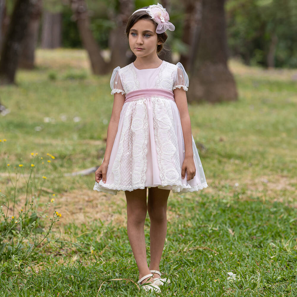 أبويلا تاتا-فستان قطن مزين بدانتيل وتول لون زهري وعاجي | Childrensalon Outlet