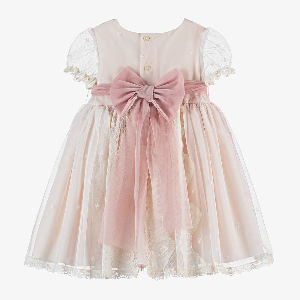 أبويلا تاتا-فستان قطن مزين بدانتيل وتول لون زهري وعاجي | Childrensalon Outlet