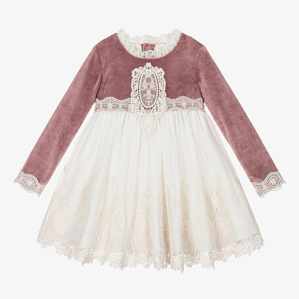 Abuela Tata - Кремово-розовое платье из велюра и тюля | Childrensalon