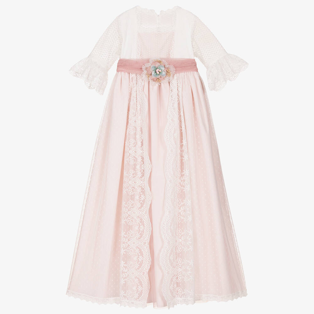 Abuela Tata - Robe rose et blanche dentelle fille  | Childrensalon