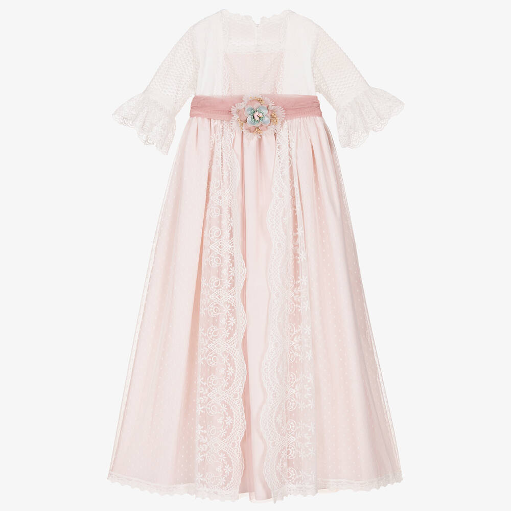 Abuela Tata Robe rose et blanche dentelle fille Childrensalon