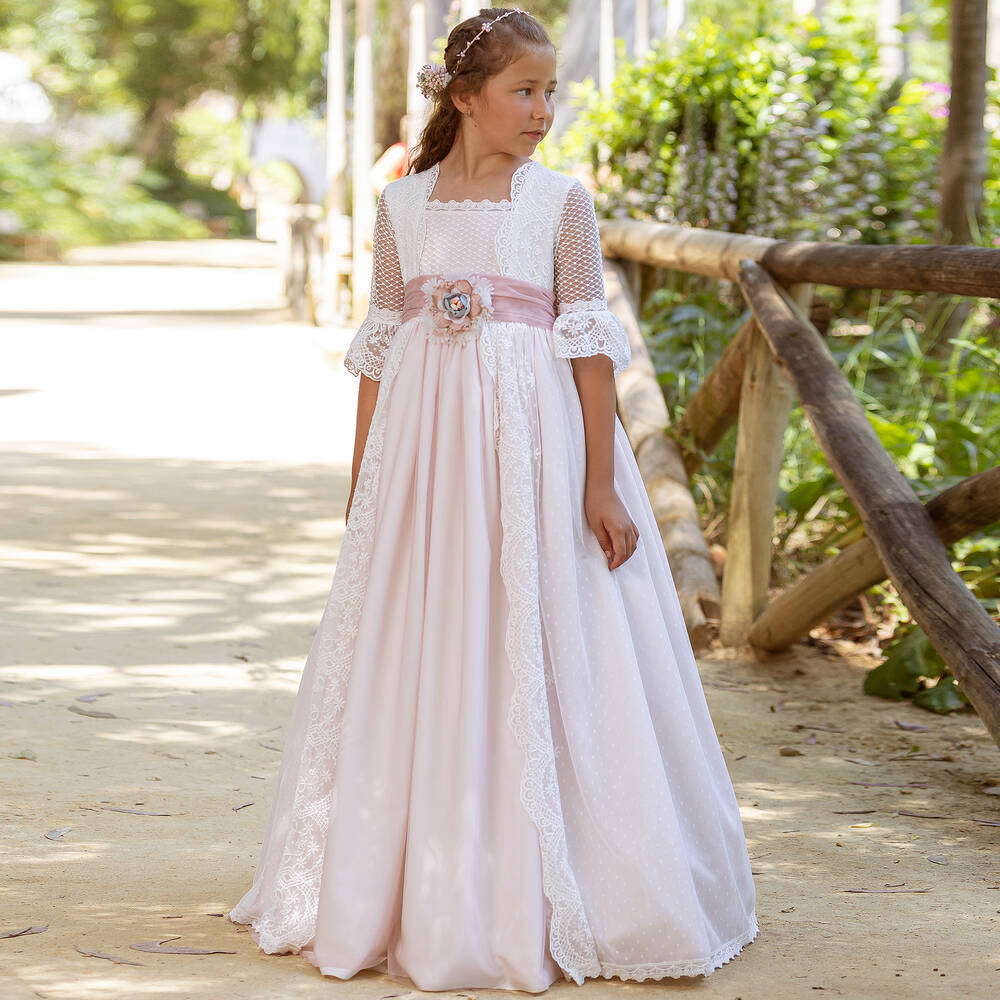 Abuela Tata Robe rose et blanche dentelle fille Childrensalon