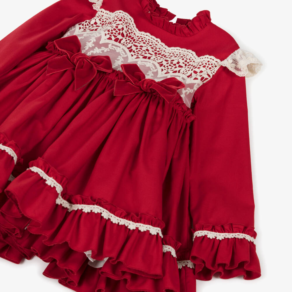Abuela Tata-Girls Red Cotton & Ivory Lace Dress | Childrensalon Outlet