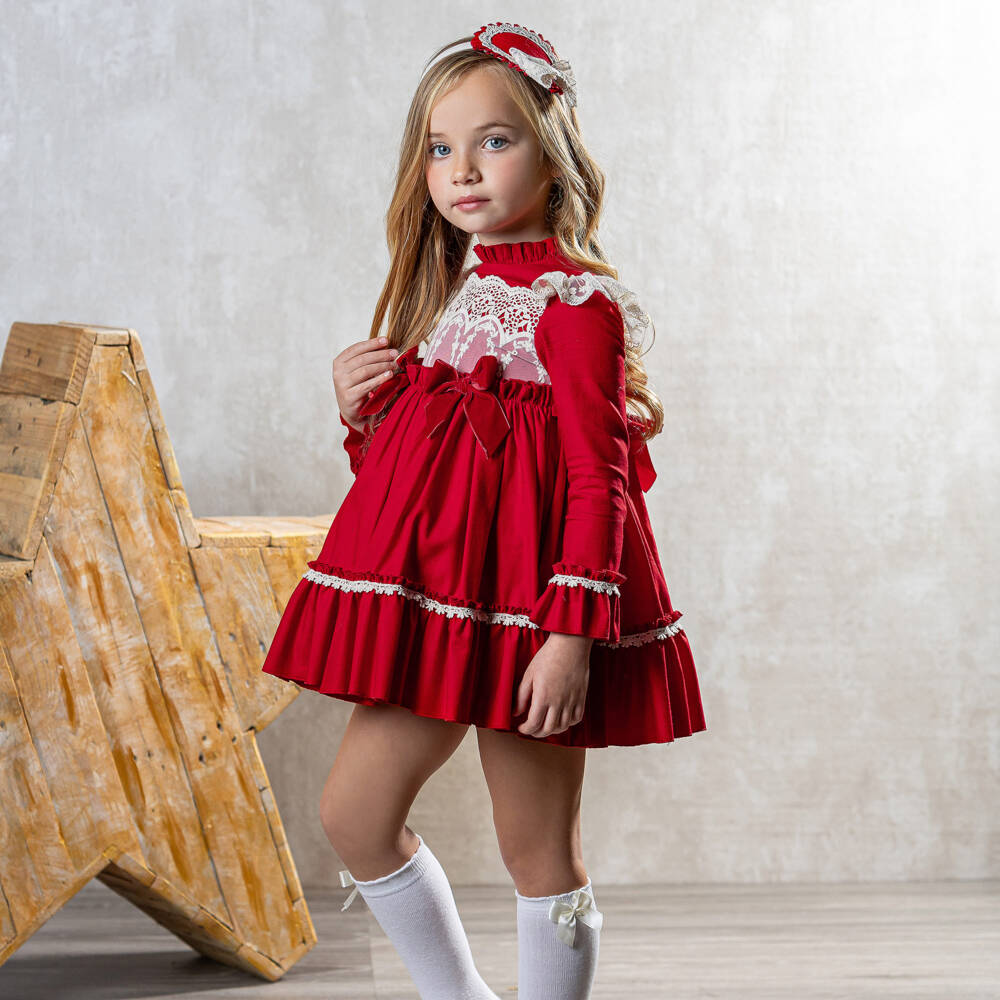 Abuela Tata-Girls Red Cotton & Ivory Lace Dress | Childrensalon Outlet