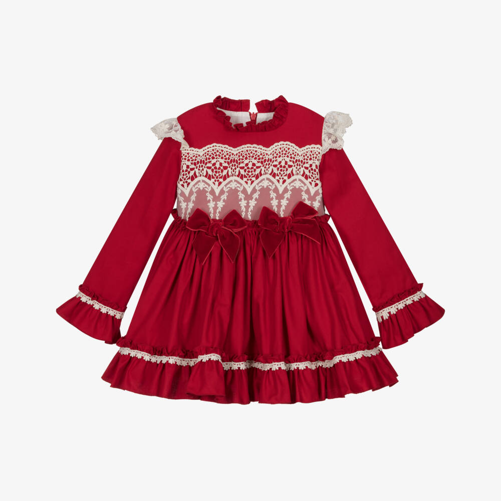 Abuela Tata-Girls Red Cotton & Ivory Lace Dress | Childrensalon Outlet