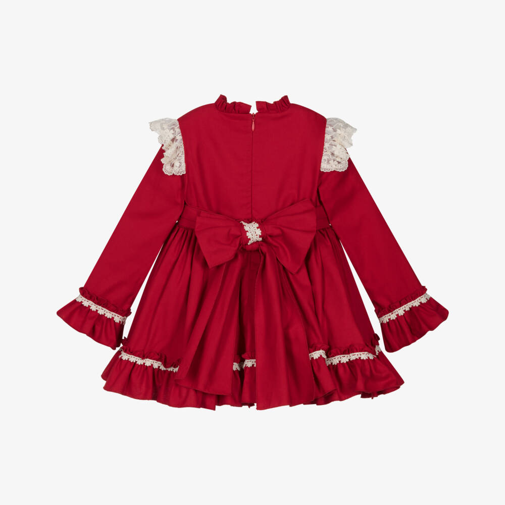 Abuela Tata-Girls Red Cotton & Ivory Lace Dress | Childrensalon Outlet