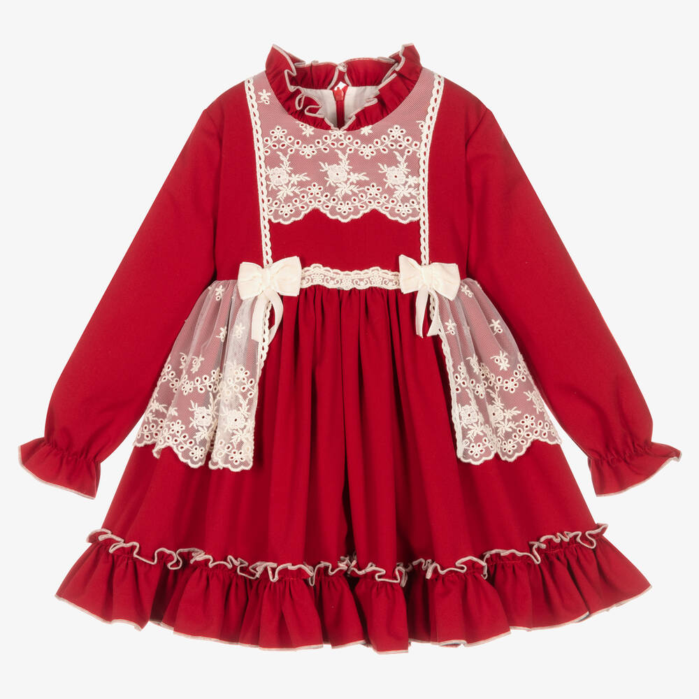 Abuela Tata - Girls Red & Ivory Cotton Lace Trim Dress | Childrensalon