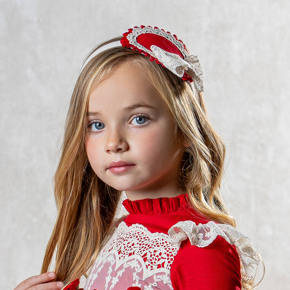 Abuela Tata-Girls Red & Ivory Rosette Hairband | Childrensalon Outlet