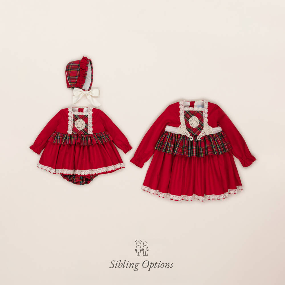 أبويلا تاتا-طقم فستان تارتان قطن لن أحمر | Childrensalon Outlet