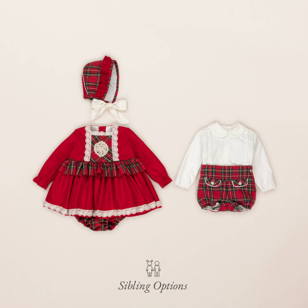 أبويلا تاتا-طقم فستان تارتان قطن لن أحمر | Childrensalon Outlet